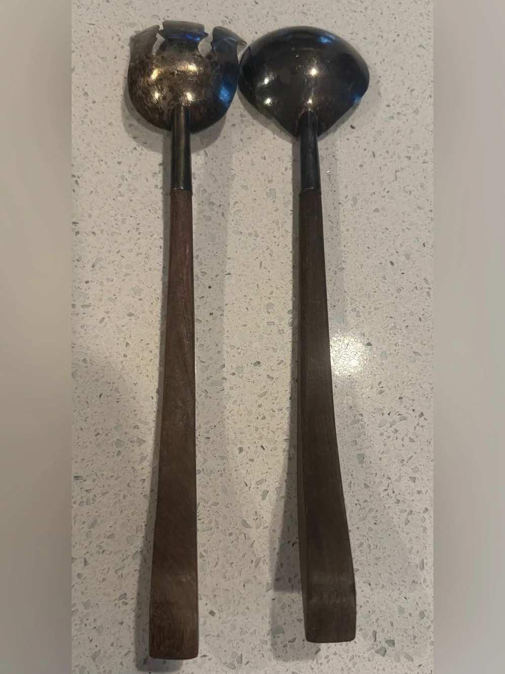 Vintage Mexican Sterling Silver 925 & Wood Salad Serving Set 11” Eagle Mark